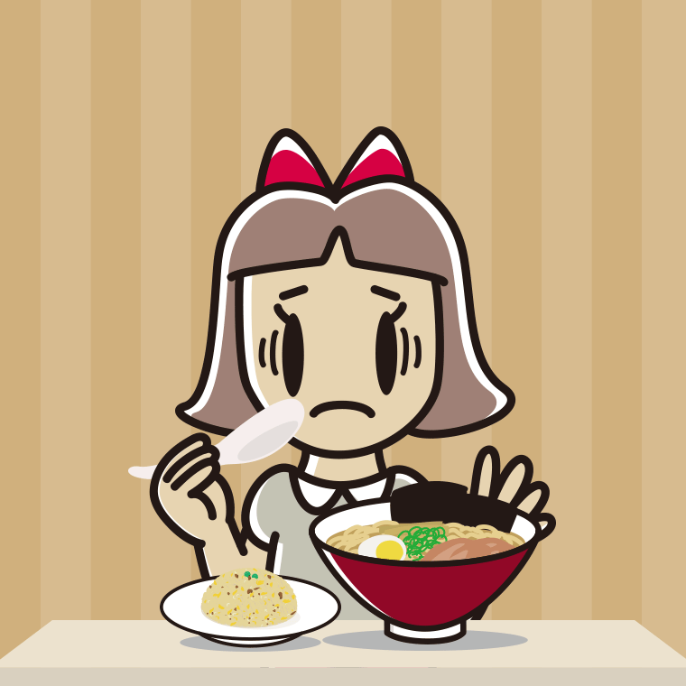 ラーメン・半チャーハンで困る小学生女子のイラスト【色、背景あり】PNG