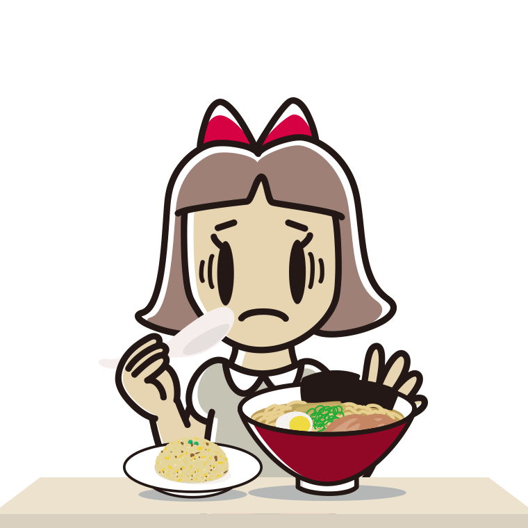 ラーメン・半チャーハンで困る小学生女子のイラスト【色あり、背景なし】透過PNG