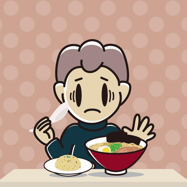 ラーメン・半チャーハンで困る男子中学生のイラスト【色、背景あり】PNG
