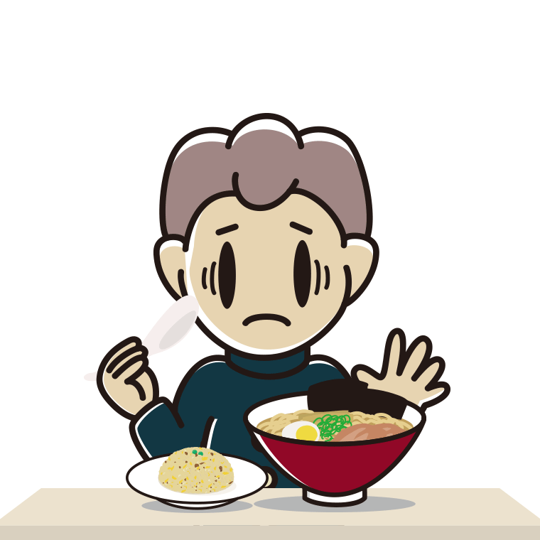 ラーメン・半チャーハンで困る男子中学生のイラスト【色あり、背景なし】透過PNG
