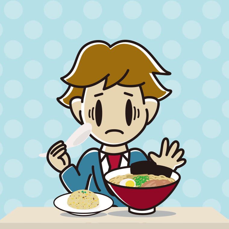 ラーメン・半チャーハンで困る男子高校生のイラスト【色、背景あり】PNG