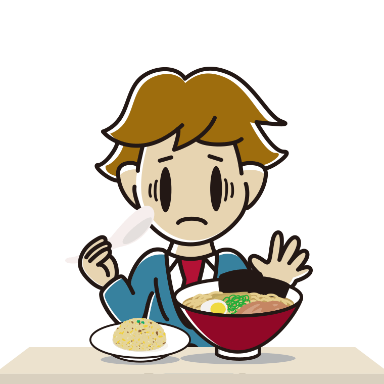 ラーメン・半チャーハンで困る男子高校生のイラスト【色あり、背景なし】透過PNG