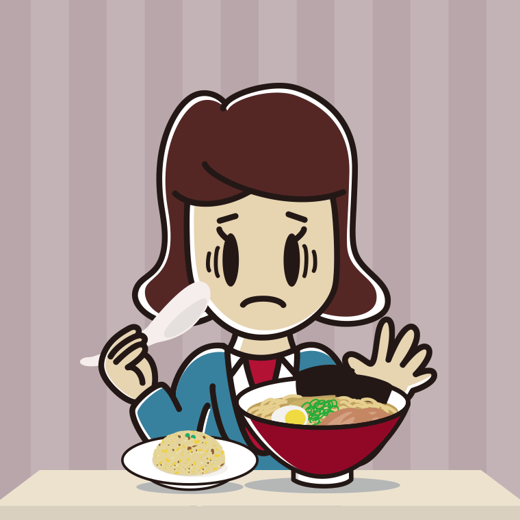 ラーメン・半チャーハンで困る女子高校生のイラスト【色、背景あり】PNG