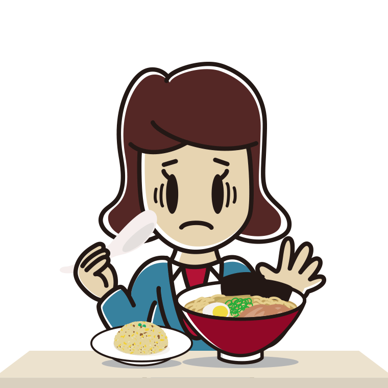 ラーメン・半チャーハンで困る女子高校生のイラスト【色あり、背景なし】透過PNG
