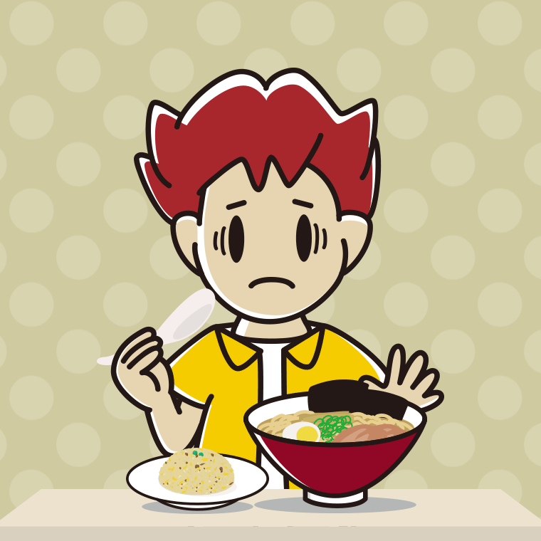ラーメン・半チャーハンで困る男子大学生のイラスト【色、背景あり】PNG
