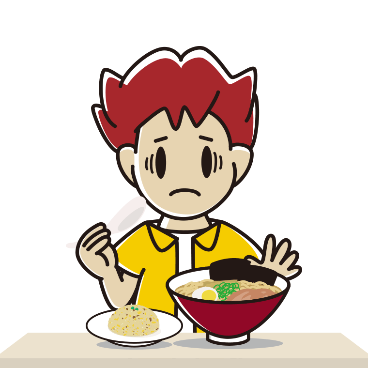 ラーメン・半チャーハンで困る男子大学生のイラスト【色あり、背景なし】透過PNG