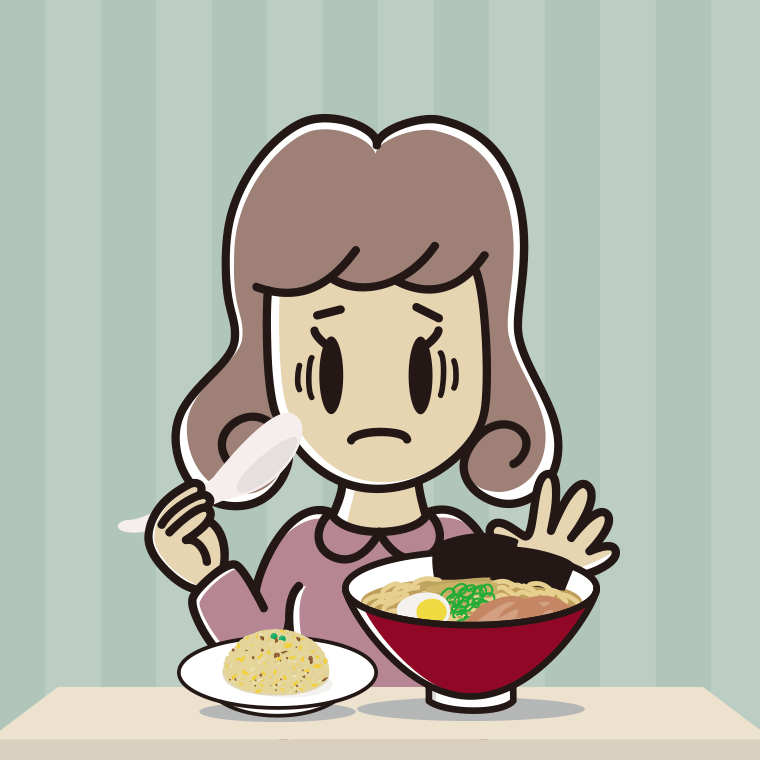 ラーメン・半チャーハンで困る女子大学生のイラスト【色、背景あり】PNG