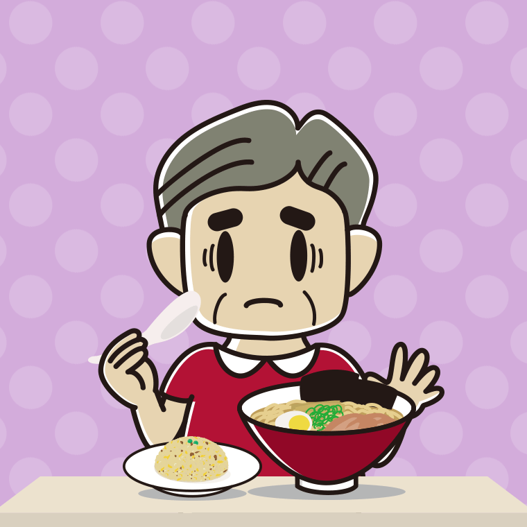 ラーメン・半チャーハンで困るおじさんのイラスト【色、背景あり】PNG