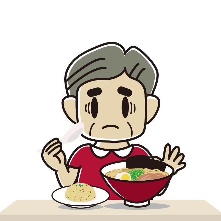ラーメン・半チャーハンで困るおじさんのイラスト【色あり、背景なし】透過PNG