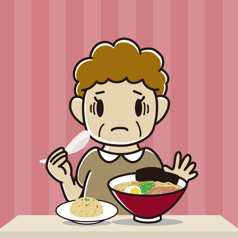 ラーメン・半チャーハンで困るおばさんのイラスト【色、背景あり】PNG