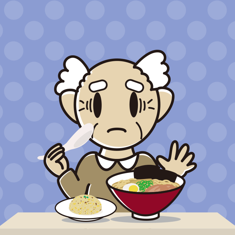 ラーメン・半チャーハンで困るおじいさんのイラスト【色、背景あり】PNG