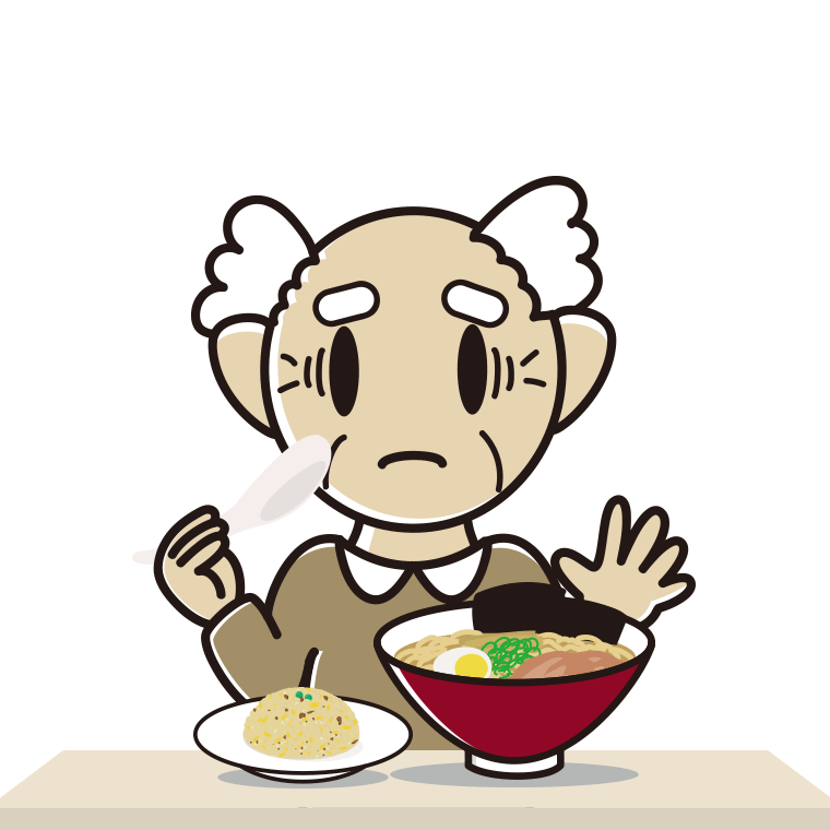 ラーメン・半チャーハンで困るおじいさんのイラスト【色あり、背景なし】透過PNG