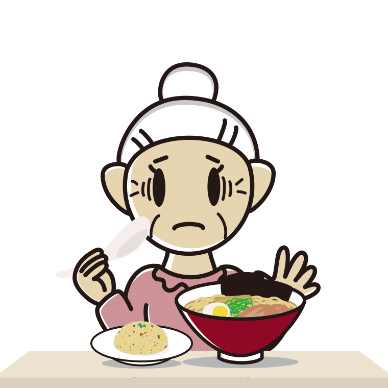 ラーメン・半チャーハンで困るおばあさんのイラスト【色あり、背景なし】透過PNG