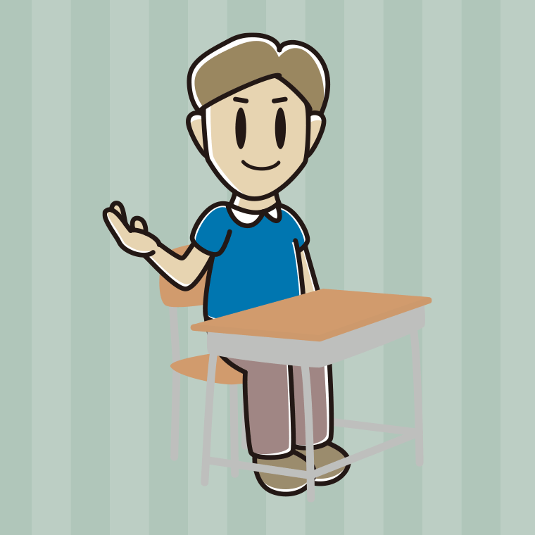教室の席で案内する男性のイラスト【色、背景あり】PNG