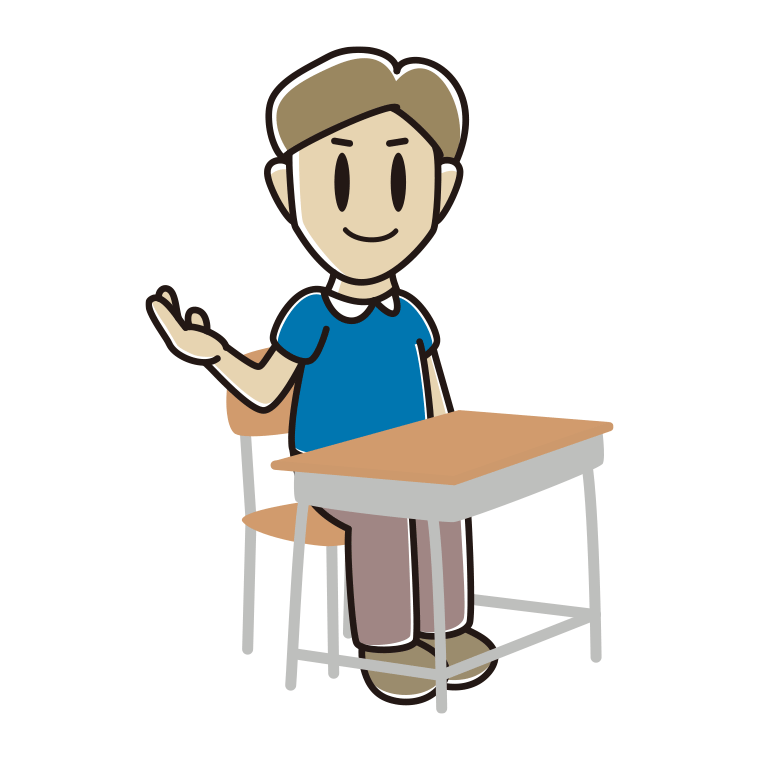 教室の席で案内する男性のイラスト【色あり、背景なし】透過PNG