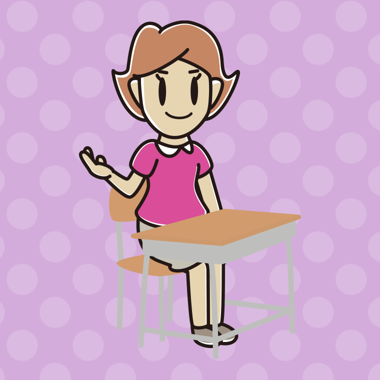教室の席で案内する女性のイラスト【色、背景あり】PNG