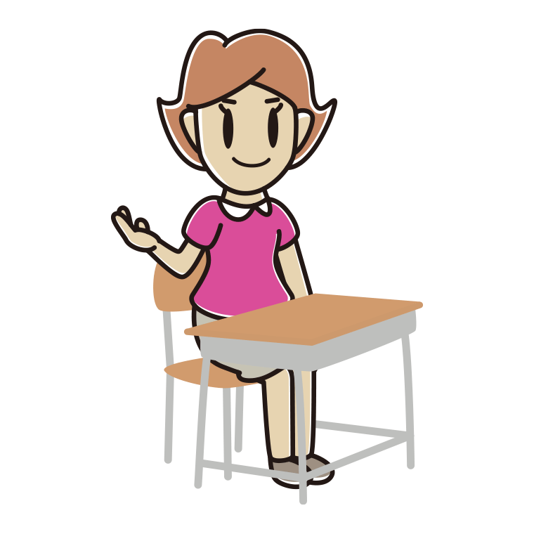 教室の席で案内する女性のイラスト【色あり、背景なし】透過PNG