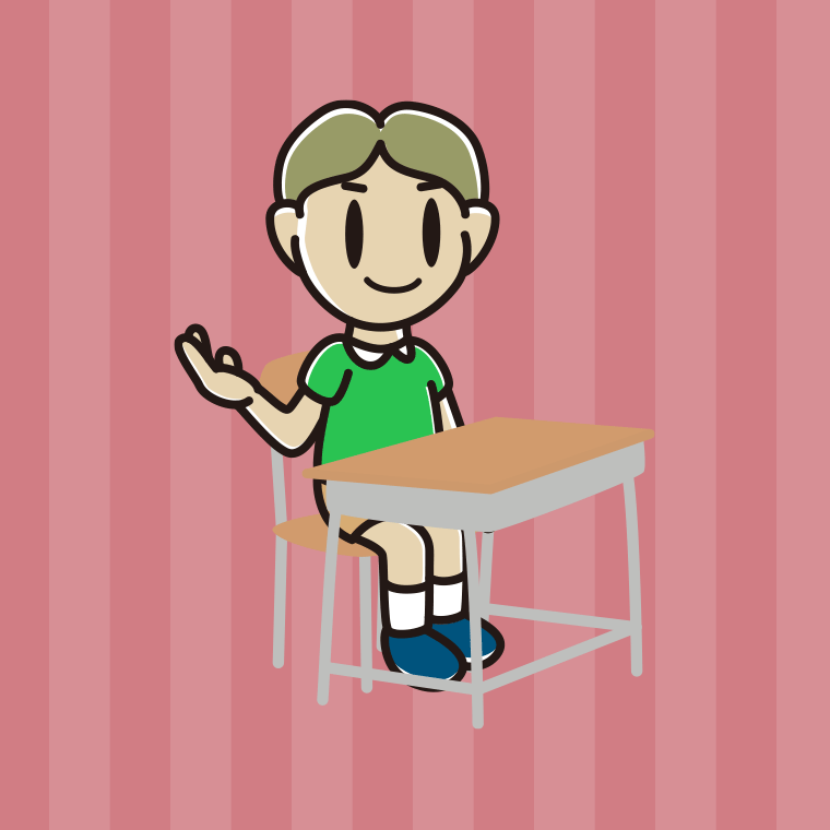 教室の席で案内する小学生男子のイラスト【色、背景あり】PNG