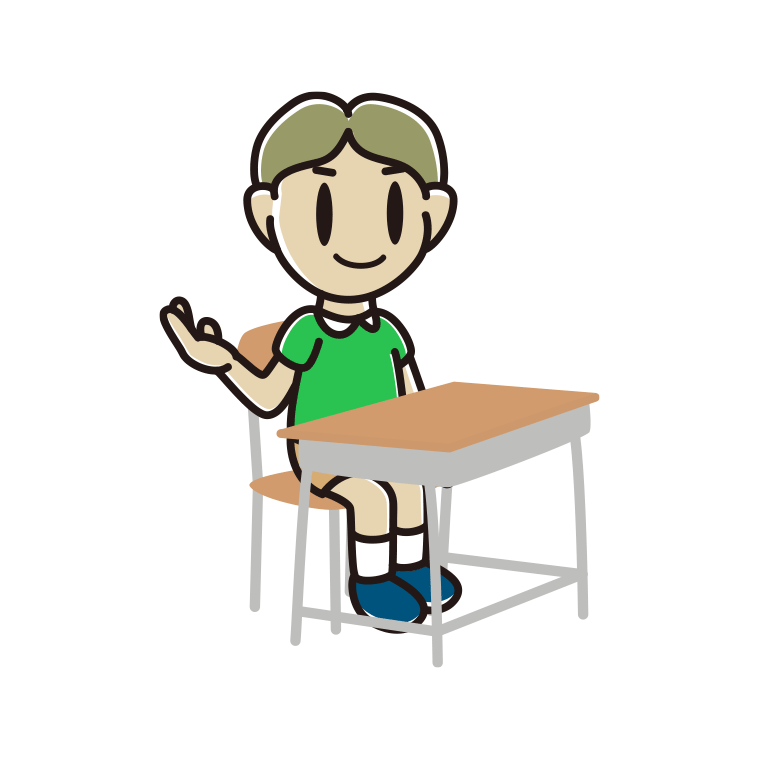 教室の席で案内する小学生男子のイラスト【色あり、背景なし】透過PNG