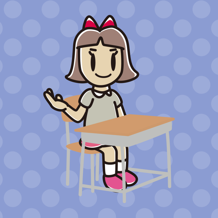 教室の席で案内する小学生女子のイラスト【色、背景あり】PNG