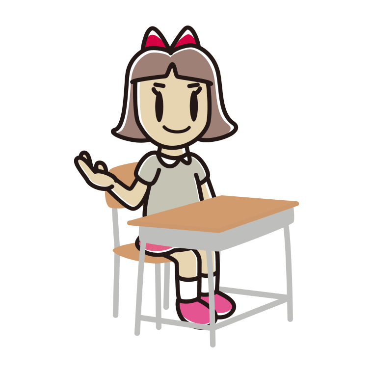 教室の席で案内する小学生女子のイラスト【色あり、背景なし】透過PNG
