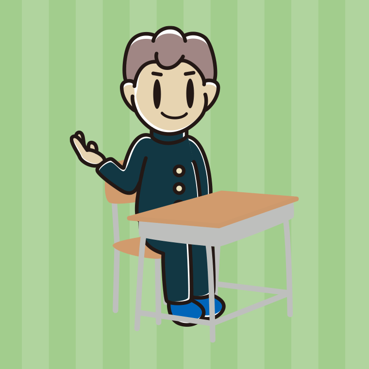 教室の席で案内する男子中学生のイラスト【色、背景あり】PNG
