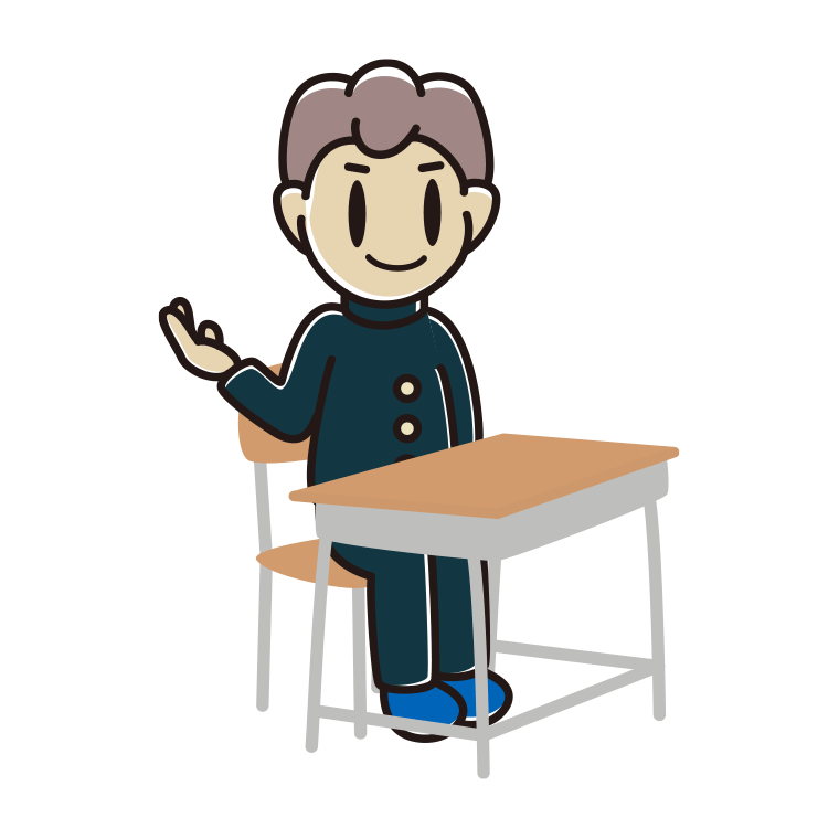 教室の席で案内する男子中学生のイラスト【色あり、背景なし】透過PNG