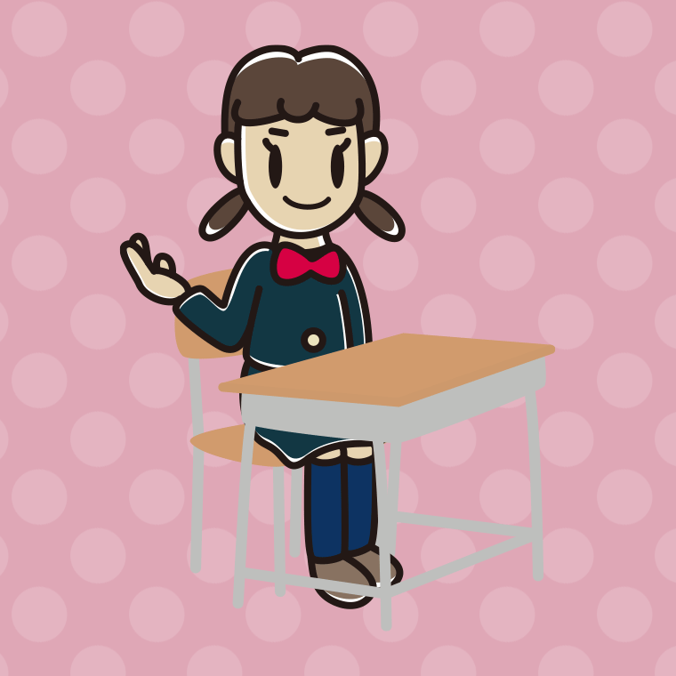 教室の席で案内する女子中学生のイラスト【色、背景あり】PNG