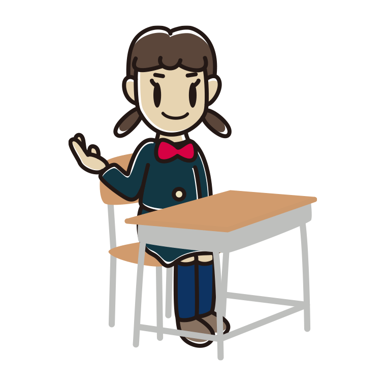 教室の席で案内する女子中学生のイラスト【色あり、背景なし】透過PNG