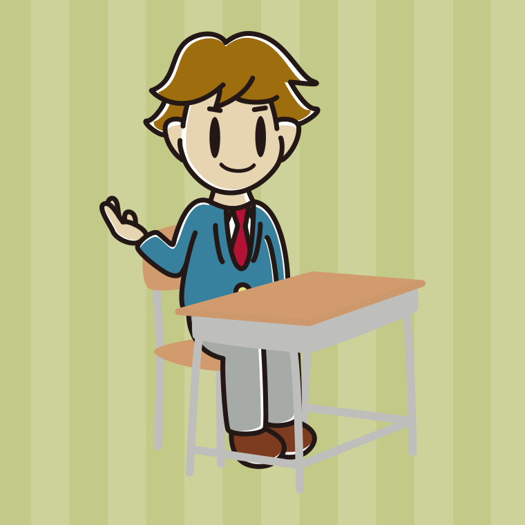 教室の席で案内する男子高校生のイラスト【色、背景あり】PNG