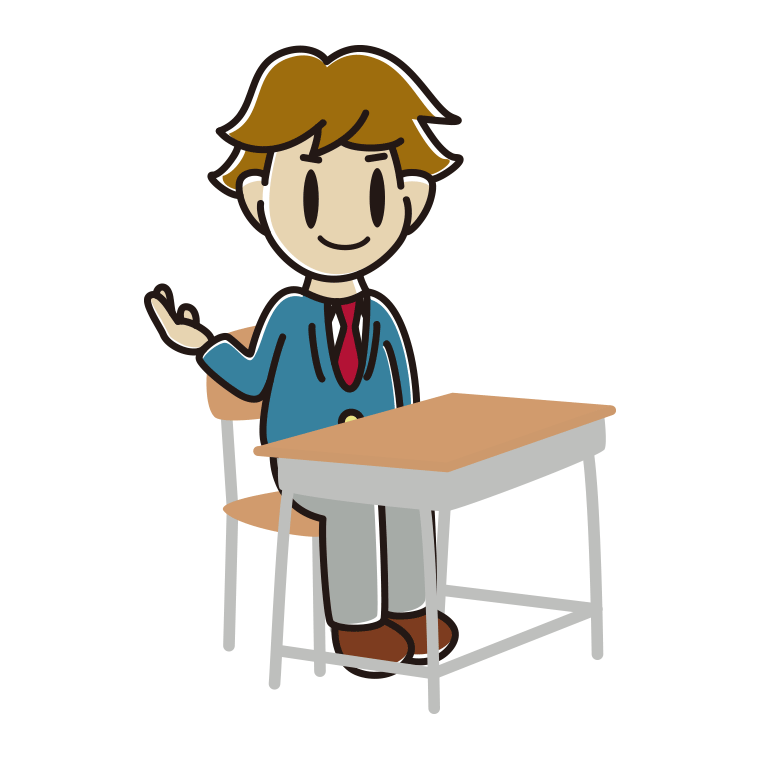 教室の席で案内する男子高校生のイラスト【色あり、背景なし】透過PNG