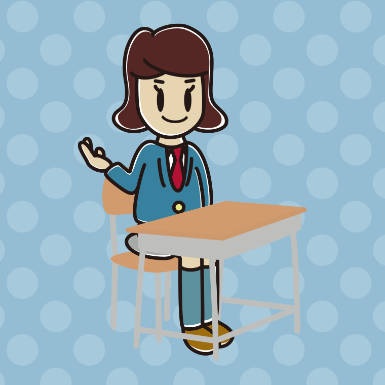 教室の席で案内する女子高校生のイラスト【色、背景あり】PNG