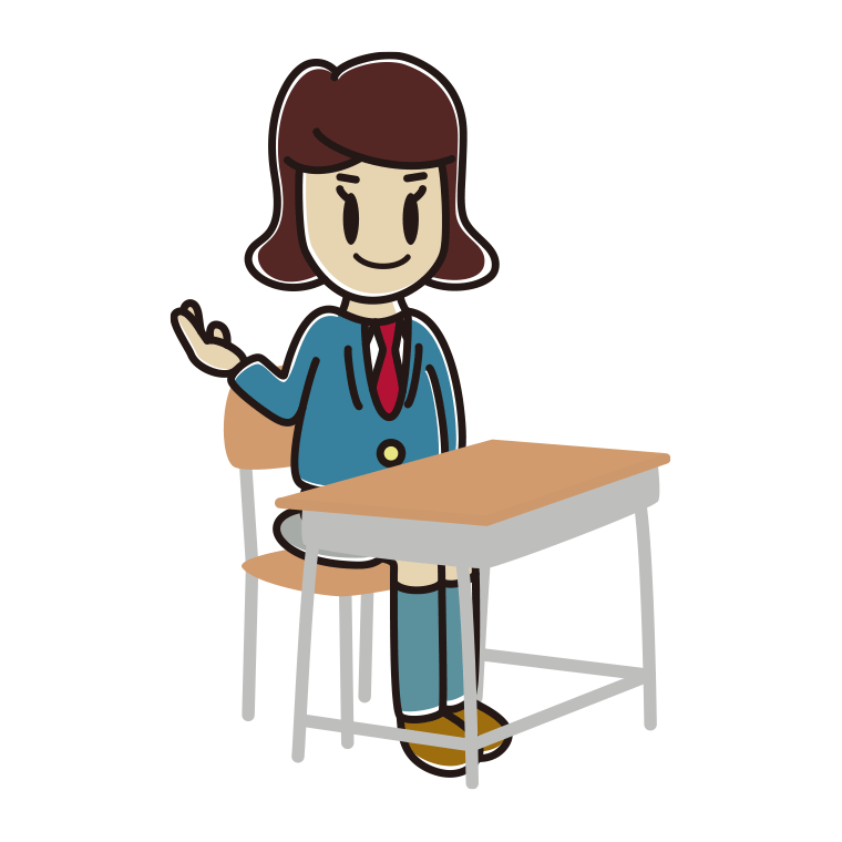 教室の席で案内する女子高校生のイラスト【色あり、背景なし】透過PNG