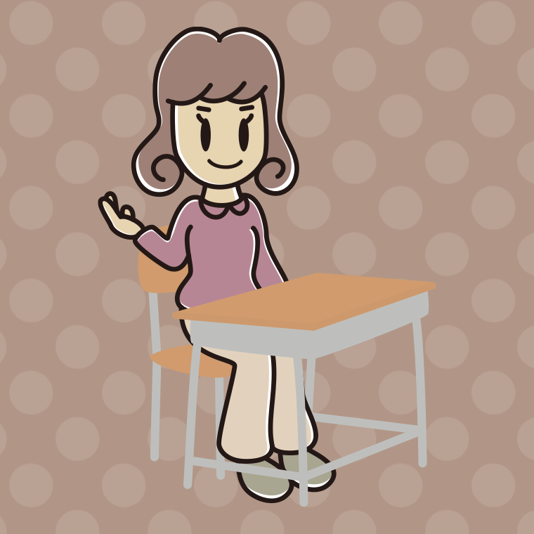 教室の席で案内する女子大学生のイラスト【色、背景あり】PNG
