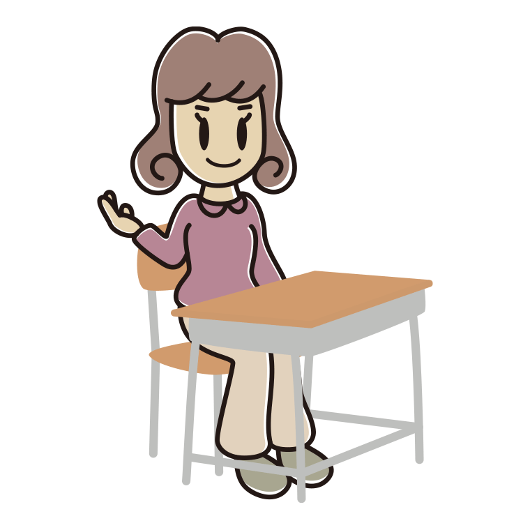 教室の席で案内する女子大学生のイラスト【色あり、背景なし】透過PNG