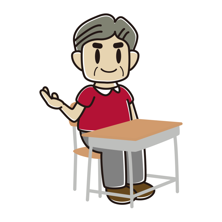 教室の席で案内するおじさんのイラスト【色あり、背景なし】透過PNG
