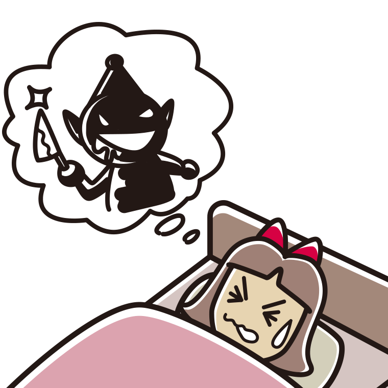怖い夢を見ている小学生女子のイラスト【色あり、背景なし】透過PNG