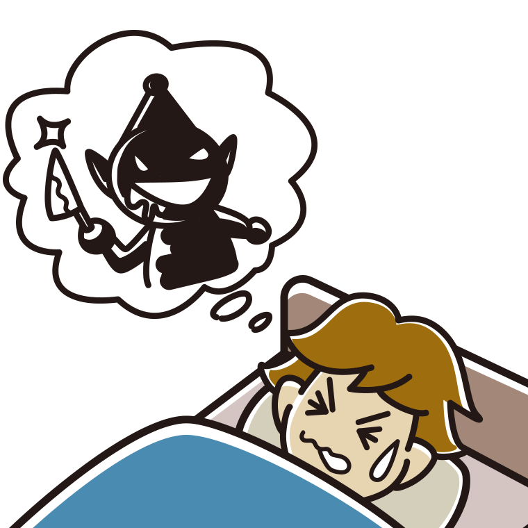 怖い夢を見ている男子高校生のイラスト【色あり、背景なし】透過PNG