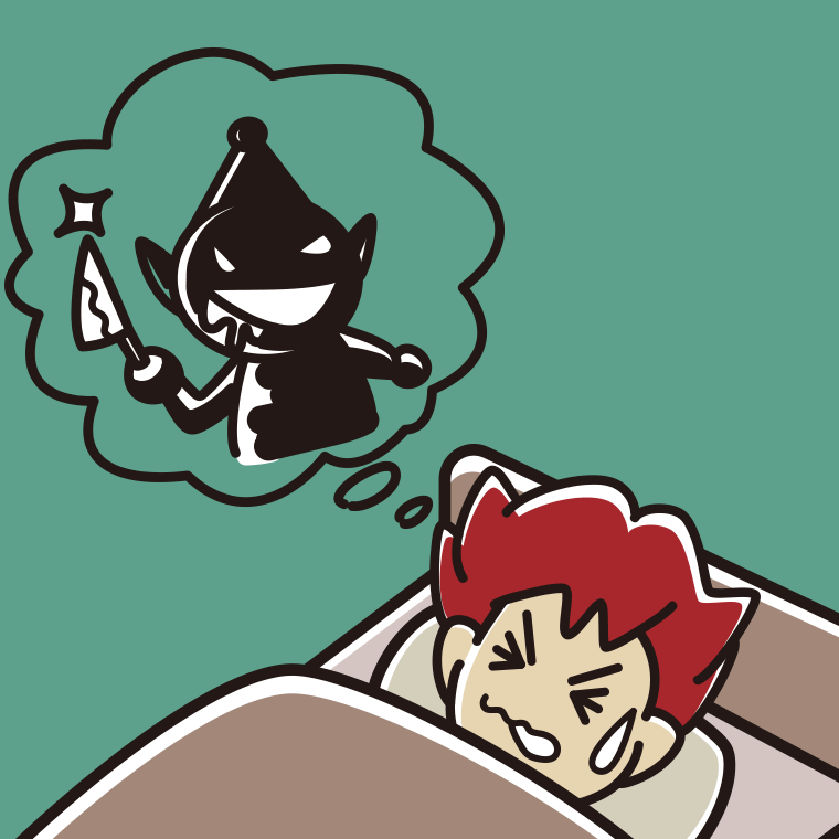 怖い夢を見ている男子大学生のイラスト【色、背景あり】PNG