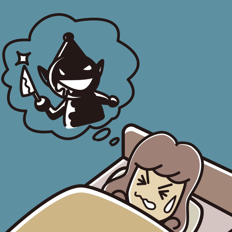 怖い夢を見ている女子大学生のイラスト【色、背景あり】PNG