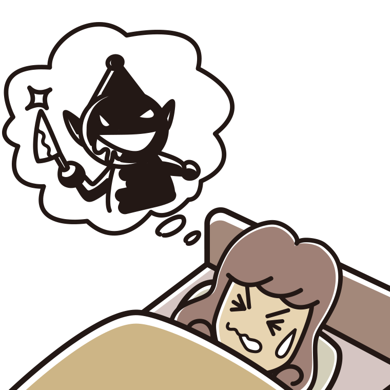怖い夢を見ている女子大学生のイラスト【色あり、背景なし】透過PNG