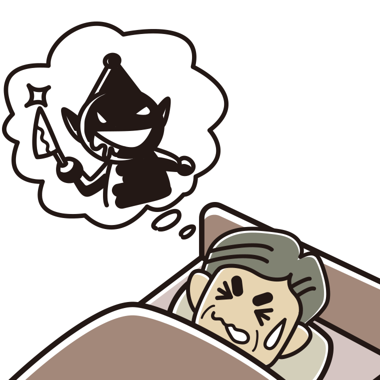 怖い夢を見ているおじさんのイラスト【色あり、背景なし】透過PNG