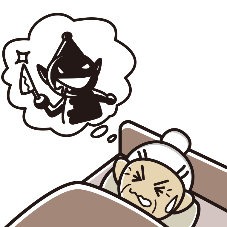 怖い夢を見ているおばあさんのイラスト【色あり、背景なし】透過PNG