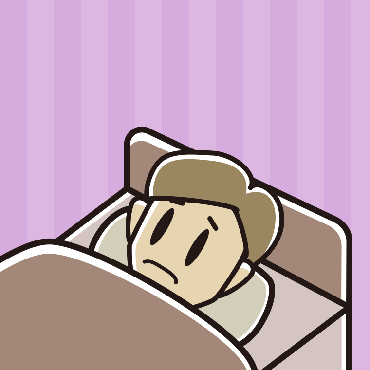ベッドで寝ながら困る男性のイラスト【色、背景あり】PNG