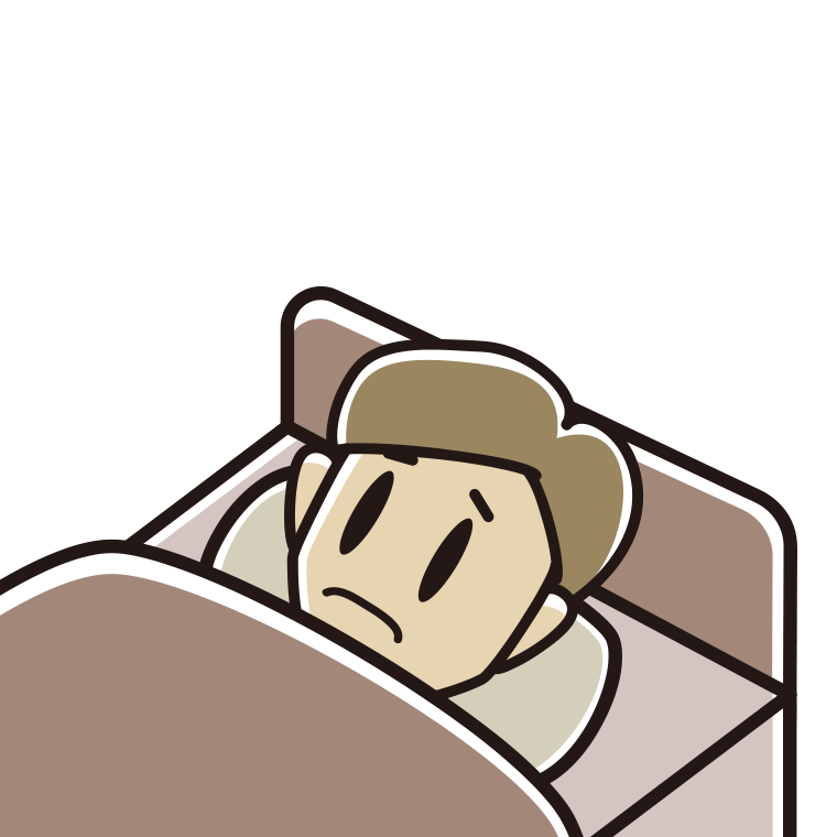 ベッドで寝ながら困る男性のイラスト【色あり、背景なし】透過PNG