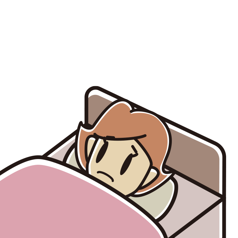 ベッドで寝ながら困る女性のイラスト【色あり、背景なし】透過PNG
