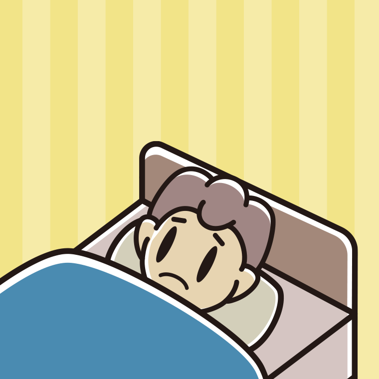 ベッドで寝ながら困る男子中学生のイラスト【色、背景あり】PNG