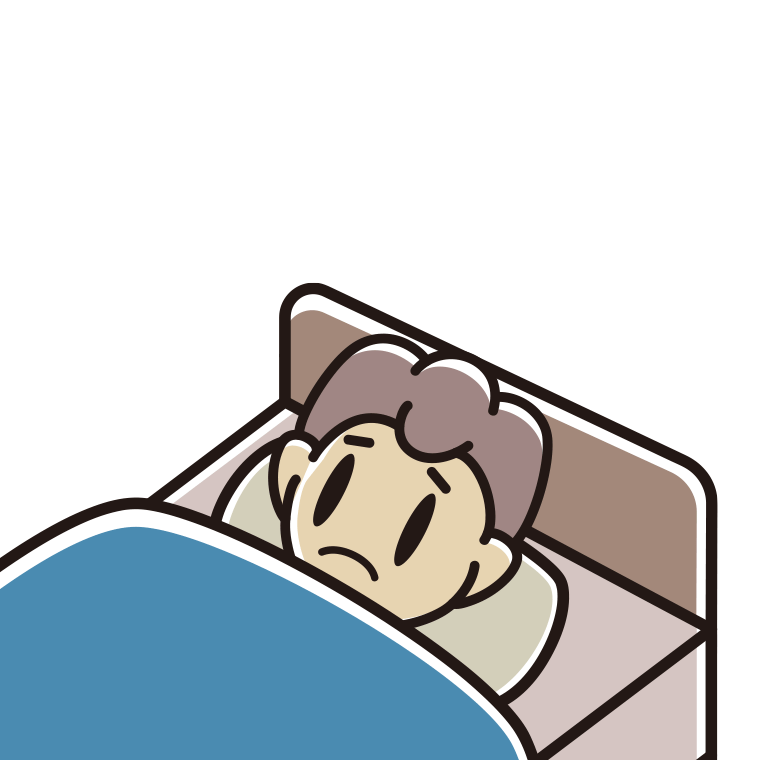 ベッドで寝ながら困る男子中学生のイラスト【色あり、背景なし】透過PNG