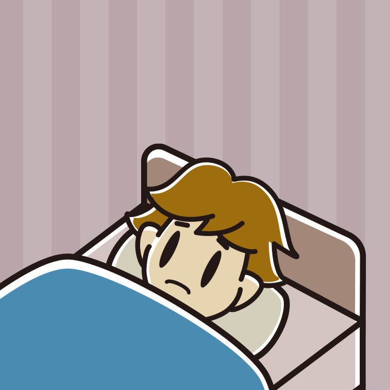 ベッドで寝ながら困る男子高校生のイラスト【色、背景あり】PNG
