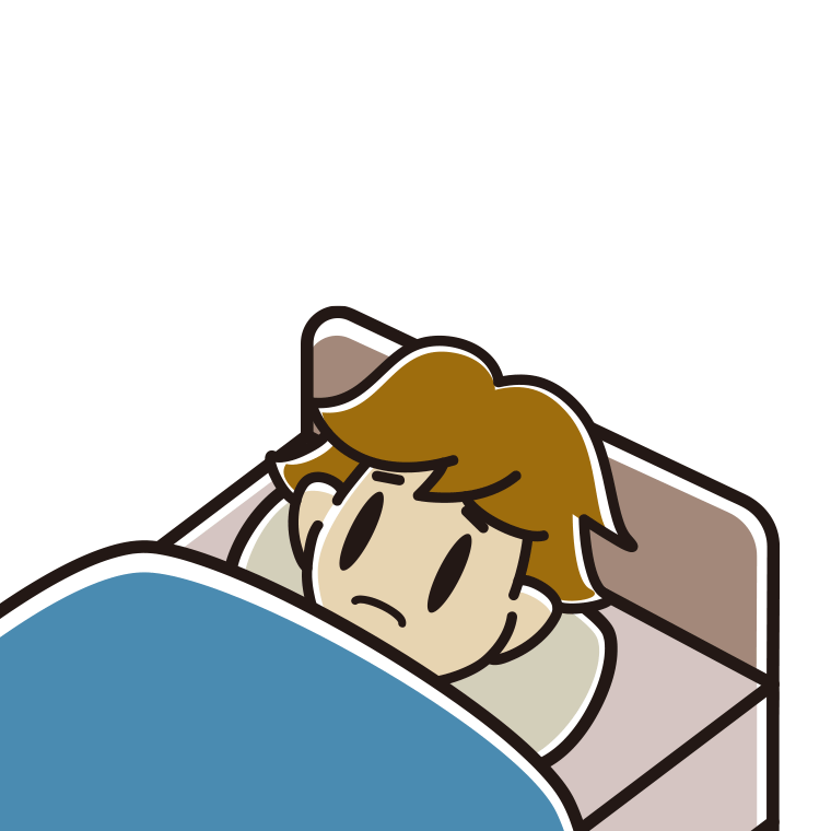ベッドで寝ながら困る男子高校生のイラスト【色あり、背景なし】透過PNG